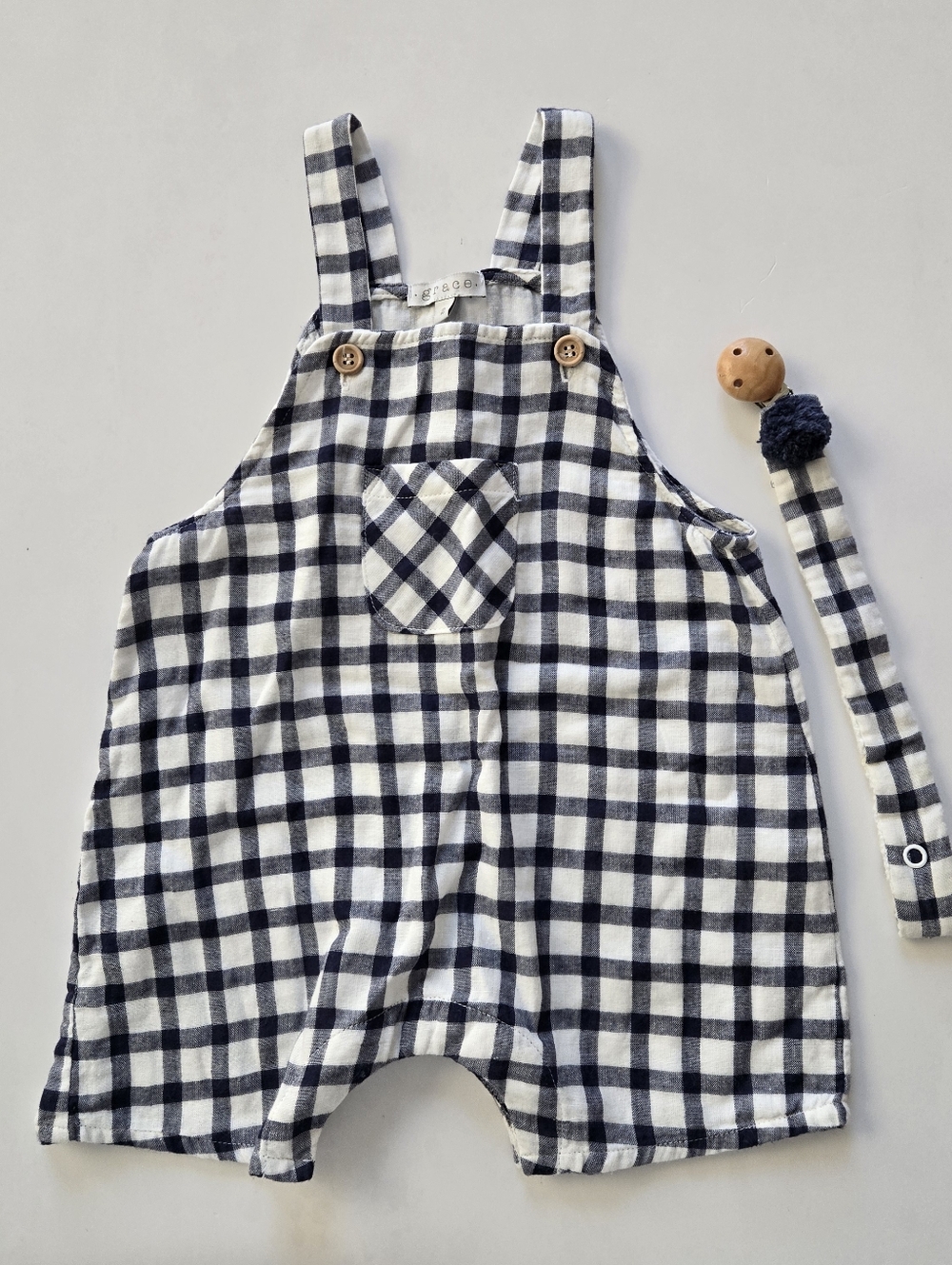 Grace Baby Navy & White Checked/Gingham Overalls Matching Pacifier Chain 2y
